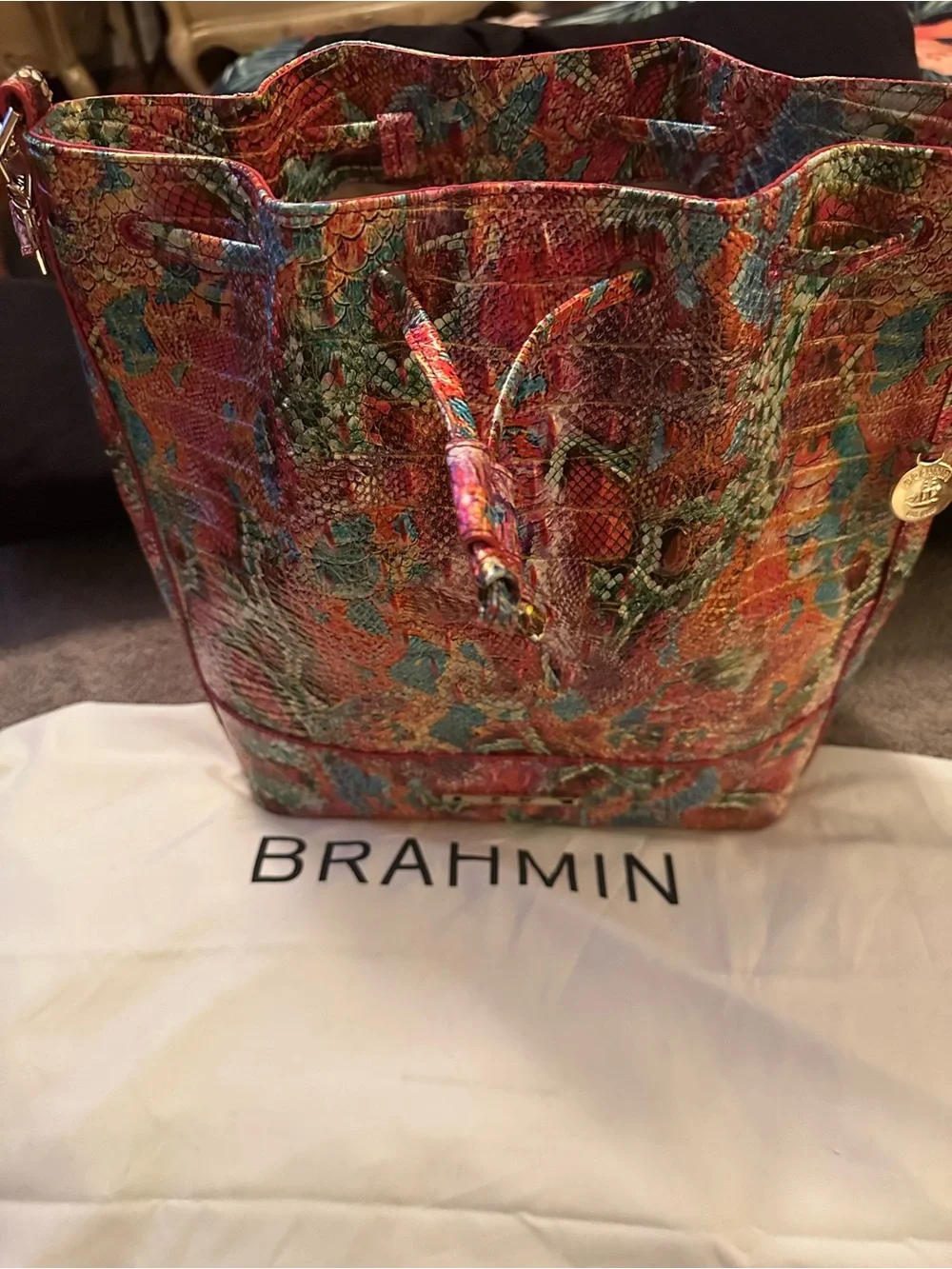 Brahmin Multicolor Drawstring Bucket Bag - Vibrant Floral Embossed Leather